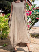 Load image into Gallery viewer, Vestido holgado de algodón y lino con cuello redondo para mujer