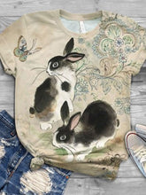 Load image into Gallery viewer, Camiseta feminina de manga curta em volta do pescoço com estampa de coelho