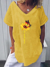 Load image into Gallery viewer, Camiseta e blusa feminina de algodão e linho com gola em V estampada