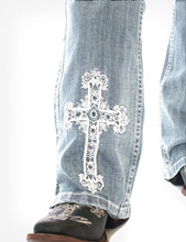 Load image into Gallery viewer, Calça jeans com bootcut prata com lavagem cruzada