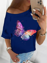 Load image into Gallery viewer, Camiseta feminina de manga curta multicolorida decote redondo com estampa borboleta
