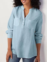 Load image into Gallery viewer, Camisa feminina de algodão e linho com bolso em V
