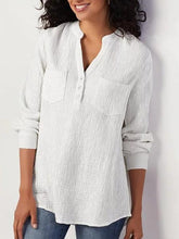 Load image into Gallery viewer, Camisa feminina de algodão e linho com bolso em V