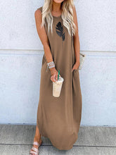 Load image into Gallery viewer, Vestido com bolso maxi sem mangas e estampado de penas