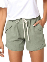 Load image into Gallery viewer, Shorts casuais femininos de algodão e linho com cordão elástico