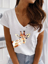 Load image into Gallery viewer, Camiseta de mujer con cuello de pico y estampado beige
