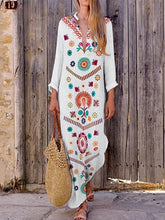 Load image into Gallery viewer, Vestido feminino com estampa de manga comprida de algodão e linho com decote em V