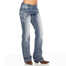 Load image into Gallery viewer, Embroidered and distressed bootcut jeans with beading
