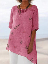Load image into Gallery viewer, Camiseta de mujer de algodón y lino con cuello redondo y estampado floral retro
