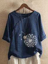 Load image into Gallery viewer, Camiseta folgada e confortável em algodão e linho com estampa dente-de-leão para senhora