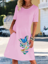 Load image into Gallery viewer, Solid Color Round Neck Butterfly Print Four Color Dress