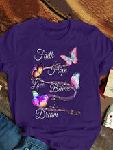 Load image into Gallery viewer, T-shirt feminina de manga curta com estampa de borboleta para senhoras, decote redondo, fé, esperança, amor, acreditar, sonho