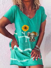 Load image into Gallery viewer, Vestido camiseta holgado de manga corta y estampado de girasol con cuello de pico