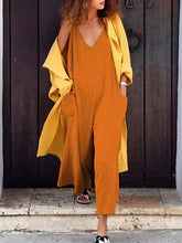 Load image into Gallery viewer, Macacão feminino com bolso em V de algodão e linho
