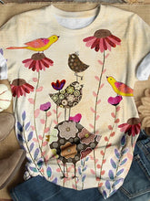 Load image into Gallery viewer, Camiseta feminina de algodão com estampa floral de pássaro fofo e gola redonda