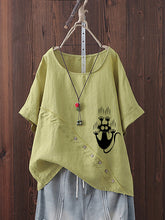 Load image into Gallery viewer, Short-sleeved casual cotton linen t-shirt with kitten print