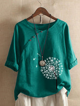 Load image into Gallery viewer, Camiseta folgada e confortável em algodão e linho com estampa dente-de-leão para senhora