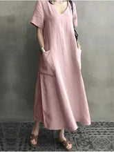 Load image into Gallery viewer, Plain cotton and linen dress with V-neck