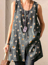 Load image into Gallery viewer, Camiseta de mujer de algodón y lino sin mangas con estampado de margaritas y cuello redondo