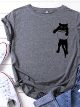Load image into Gallery viewer, Pocket Cat Print Round Neck Short Sleeve T-Shirt