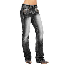 Load image into Gallery viewer, BANDEIRA DE MODA feminino com strass Bootcut desbotado jeans Cowboy