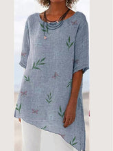 Load image into Gallery viewer, Camiseta de mujer de algodón y lino con cuello redondo y estampado floral retro
