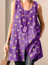 Load image into Gallery viewer, Camiseta de mujer de algodón y lino sin mangas con estampado de margaritas y cuello redondo