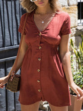 Load image into Gallery viewer, Vestido feminino de algodão e linho com decote em V com decote em V
