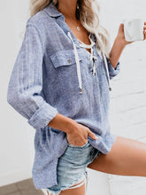 Load image into Gallery viewer, Striped V-neck cotton and linen shirt for women