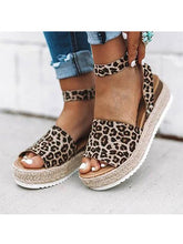 Load image into Gallery viewer, Sandálias femininas europeias e americanas de leopardo Sandálias femininas de linho grosso com alças baixas