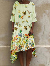 Load image into Gallery viewer, Vestido feminino de algodão e linho com estampa de borboleta de gola redonda