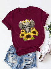 Load image into Gallery viewer, Camiseta feminina de manga curta com estampa de girassol e elefante redondo