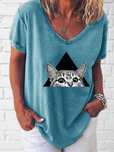 Load image into Gallery viewer, Women's V-neck Cat Print T-shirt