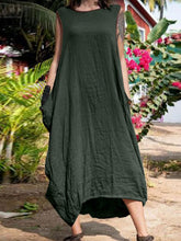 Load image into Gallery viewer, Vestido holgado de algodón y lino con cuello redondo para mujer