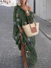 Load image into Gallery viewer, Estampa de penas fora do ombro oblíquo lanterna manga vestido solto saia maxi grande swing