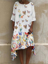 Load image into Gallery viewer, Vestido feminino de algodão e linho com estampa de borboleta de gola redonda
