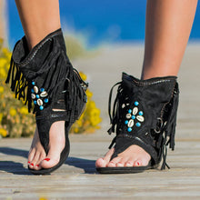 Load image into Gallery viewer, Sandalias planas de punta con flecos bohemios para mujer