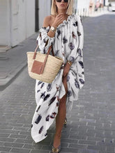 Load image into Gallery viewer, Estampa de penas fora do ombro oblíquo lanterna manga vestido solto saia maxi grande swing