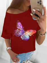 Load image into Gallery viewer, Camiseta feminina de manga curta multicolorida decote redondo com estampa borboleta