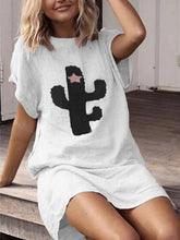 Load image into Gallery viewer, Tela suelta de lino con cuello redondo y estampado de cactus para mujer