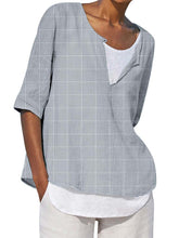 Load image into Gallery viewer, Camiseta feminina de algodão xadrez de manga comprida