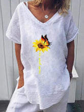 Load image into Gallery viewer, Camiseta e blusa feminina de algodão e linho com gola em V estampada