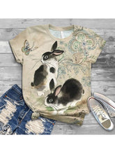 Load image into Gallery viewer, Camiseta feminina de manga curta em volta do pescoço com estampa de coelho