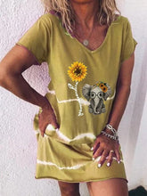 Load image into Gallery viewer, Vestido camiseta holgado de manga corta y estampado de girasol con cuello de pico