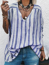 Load image into Gallery viewer, Camisa casual feminina de manga comprida de algodão e linho listrado