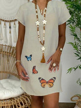 Load image into Gallery viewer, Vestido feminino com estampa de borboleta com decote em V solto de algodão e linho