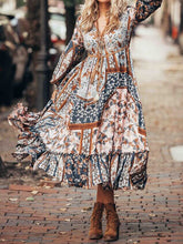 Load image into Gallery viewer, Vestido largo bohemio con botones retro Vestido con dobladillo con volantes