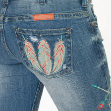Load image into Gallery viewer, Washed bootcut jeans with Feather & Dreamcatcher embroidery