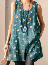 Load image into Gallery viewer, Camiseta de mujer de algodón y lino sin mangas con estampado de margaritas y cuello redondo