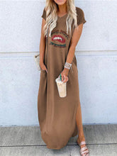 Load image into Gallery viewer, Vestido feminino estampado com gola redonda e bolsos